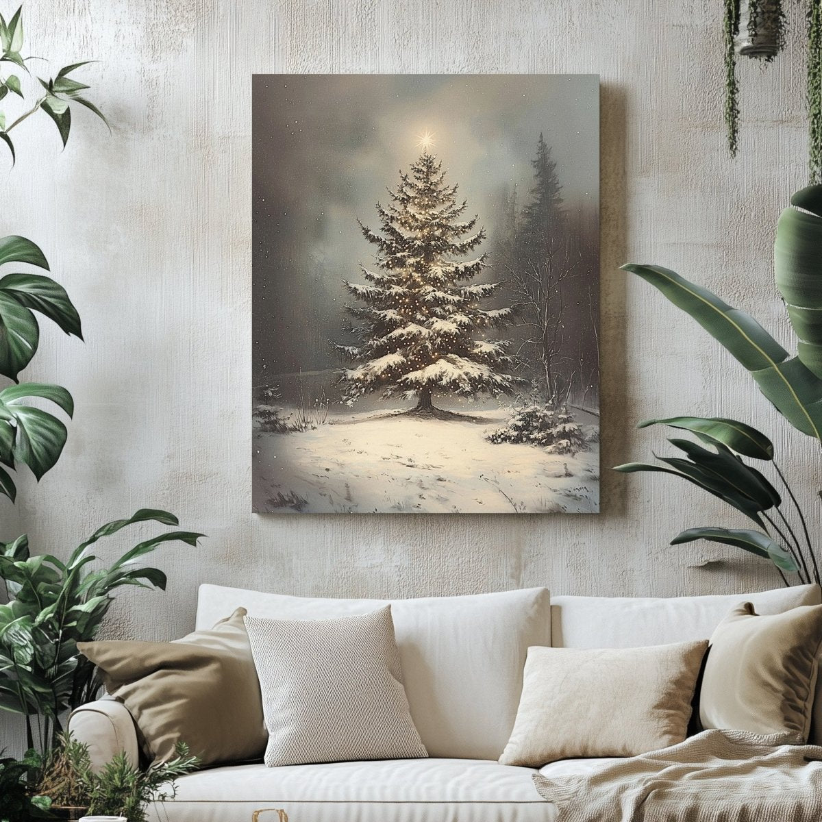 Christmas Tree Canvas Print – Peaceful Snowy Landscape with Glowing Holiday Lights - Everything Pixel