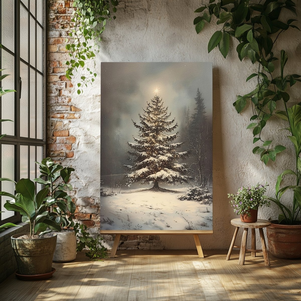 Christmas Tree Canvas Print – Peaceful Snowy Landscape with Glowing Holiday Lights - Everything Pixel