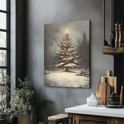 Christmas Tree Canvas Print – Peaceful Snowy Landscape with Glowing Holiday Lights - Everything Pixel