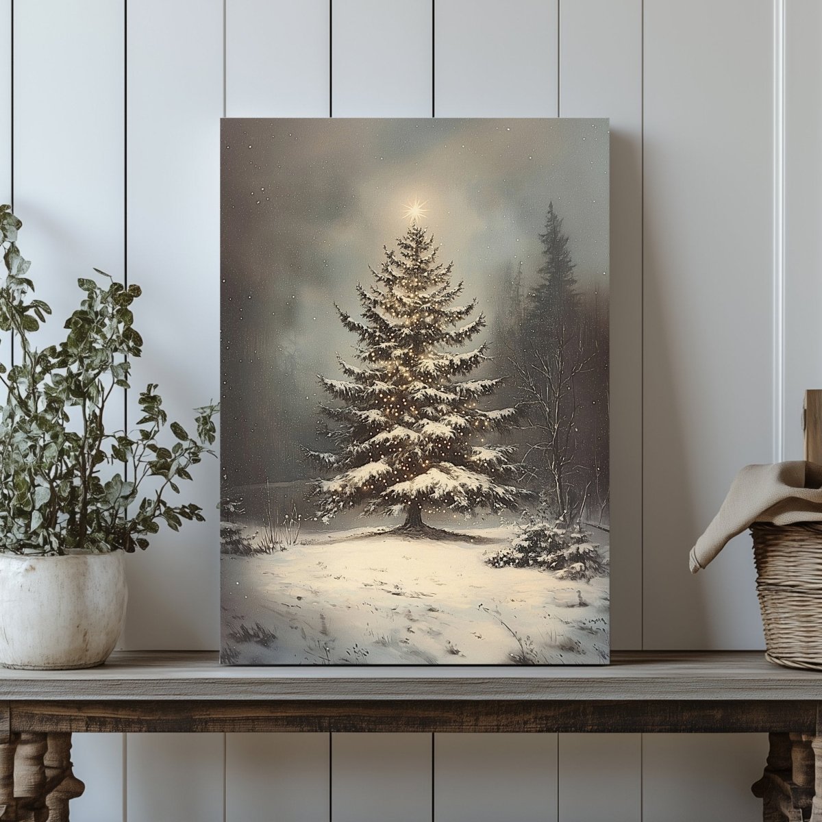 Christmas Tree Canvas Print – Peaceful Snowy Landscape with Glowing Holiday Lights - Everything Pixel