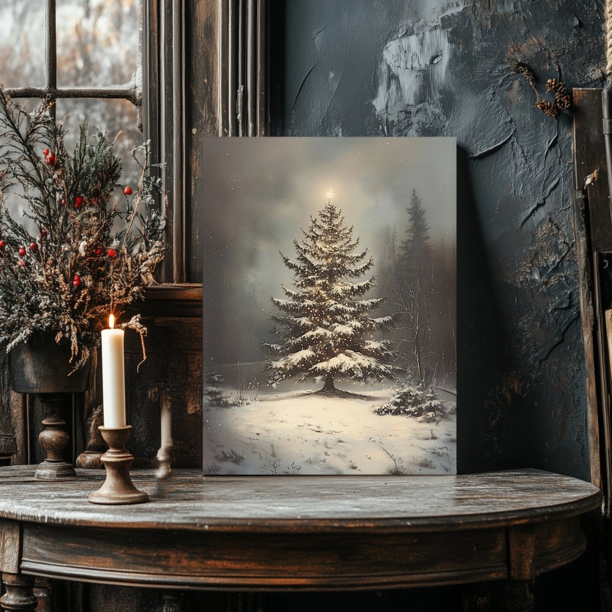 Christmas Tree Canvas Print – Peaceful Snowy Landscape with Glowing Holiday Lights - Everything Pixel