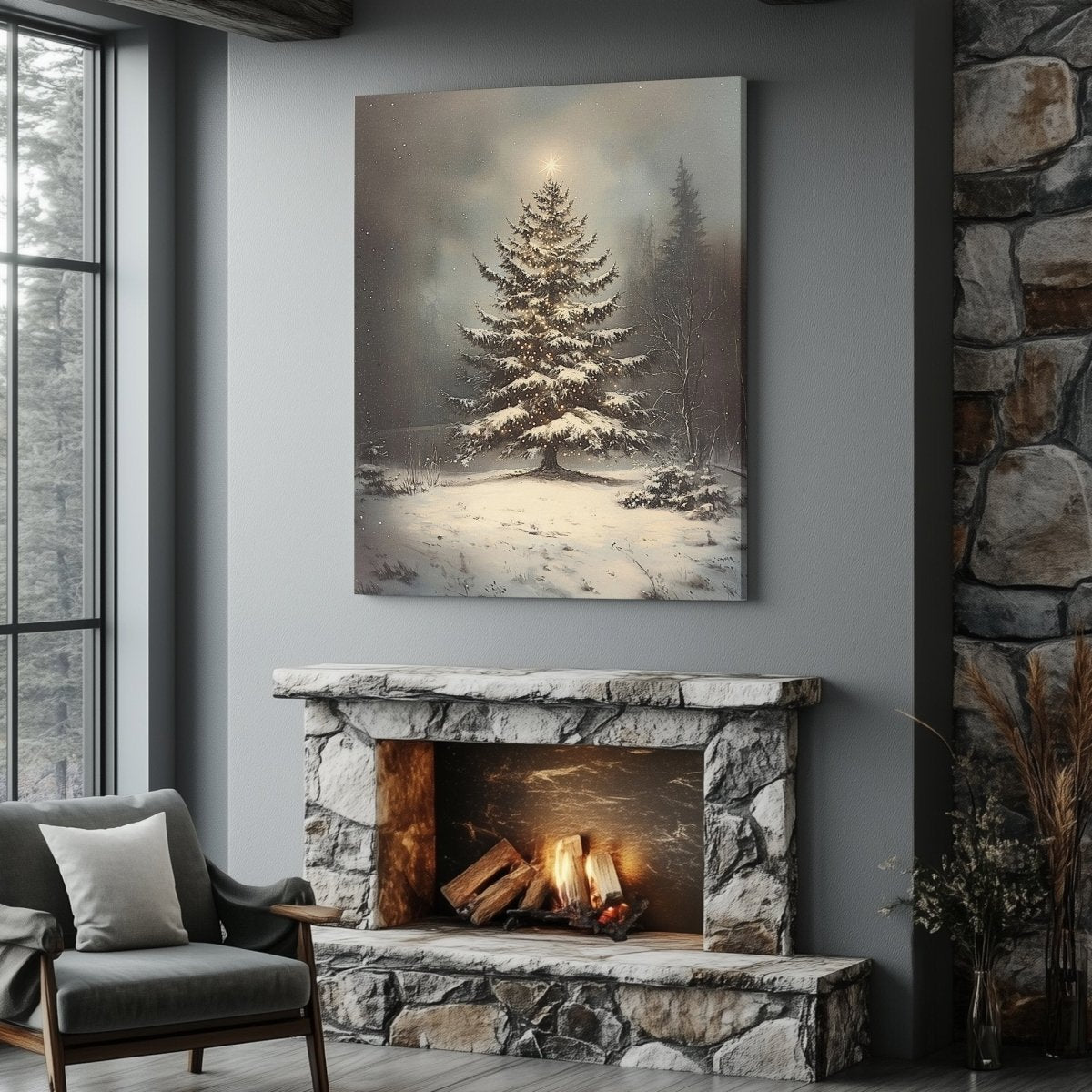 Christmas Tree Canvas Print – Peaceful Snowy Landscape with Glowing Holiday Lights - Everything Pixel