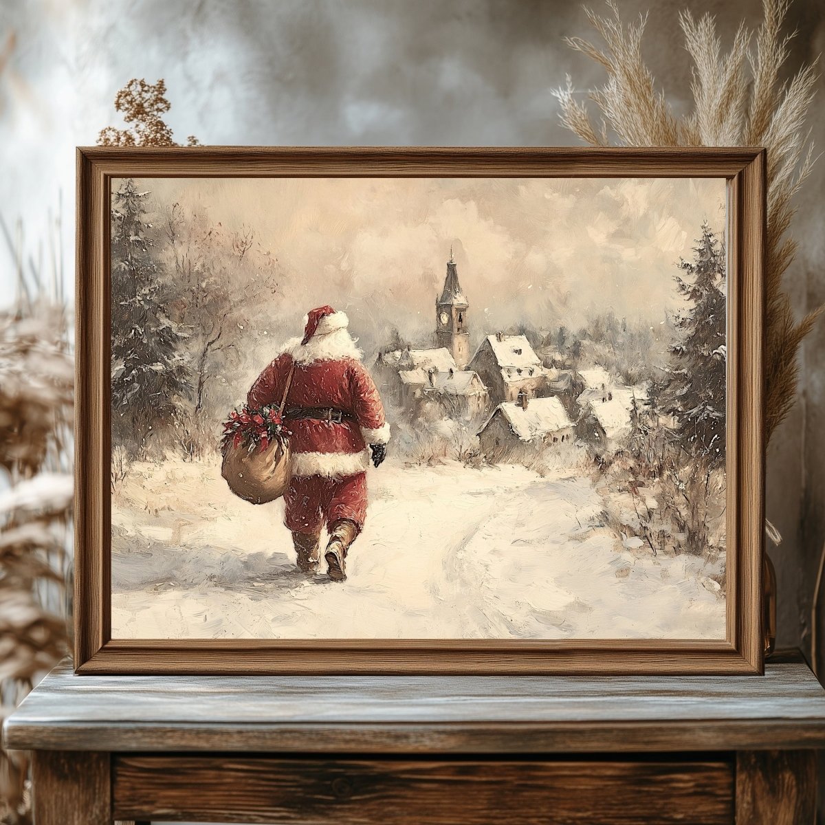 Classic Santa Claus Wall Art Print – Snowy Path to a Picturesque Village, Nostalgic Holiday Scene - Everything Pixel