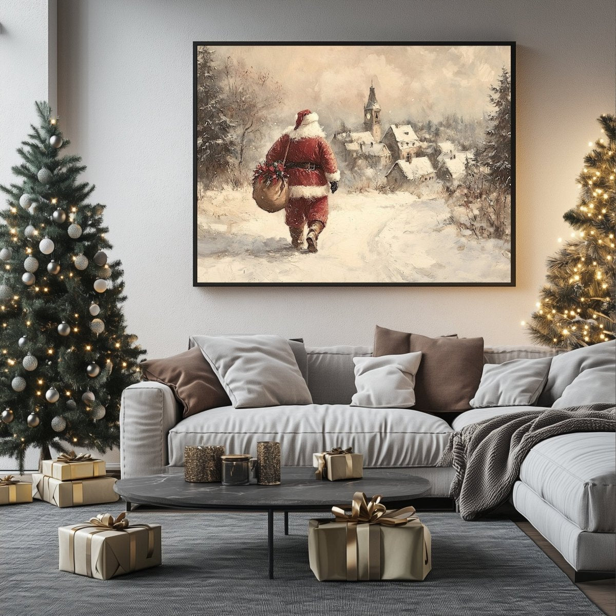 Classic Santa Claus Wall Art Print – Snowy Path to a Picturesque Village, Nostalgic Holiday Scene - Everything Pixel