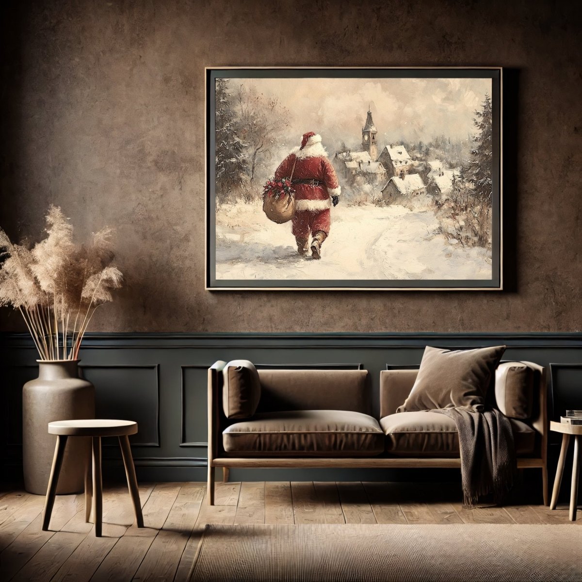 Classic Santa Claus Wall Art Print – Snowy Path to a Picturesque Village, Nostalgic Holiday Scene - Everything Pixel