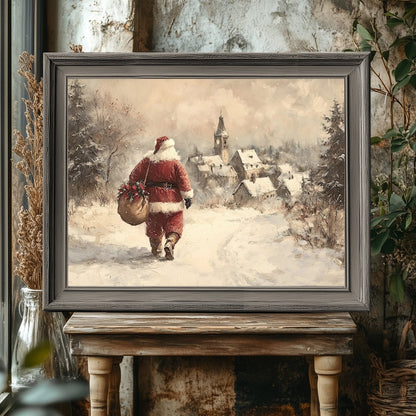 Classic Santa Claus Wall Art Print – Snowy Path to a Picturesque Village, Nostalgic Holiday Scene - Everything Pixel