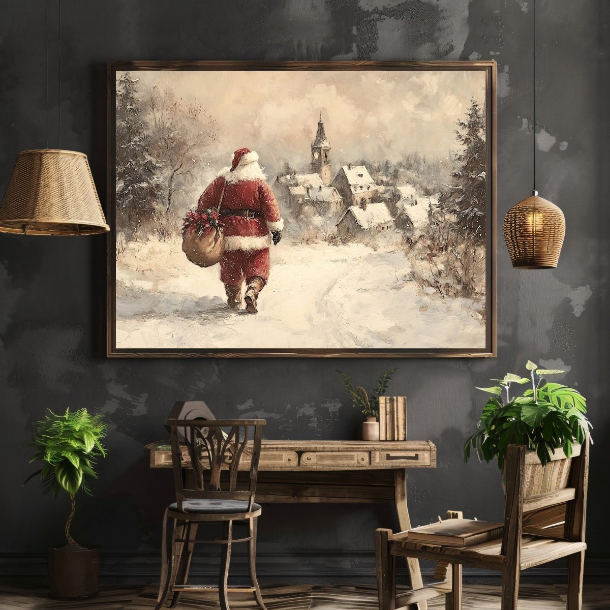 Classic Santa Claus Wall Art Print – Snowy Path to a Picturesque Village, Nostalgic Holiday Scene - Everything Pixel