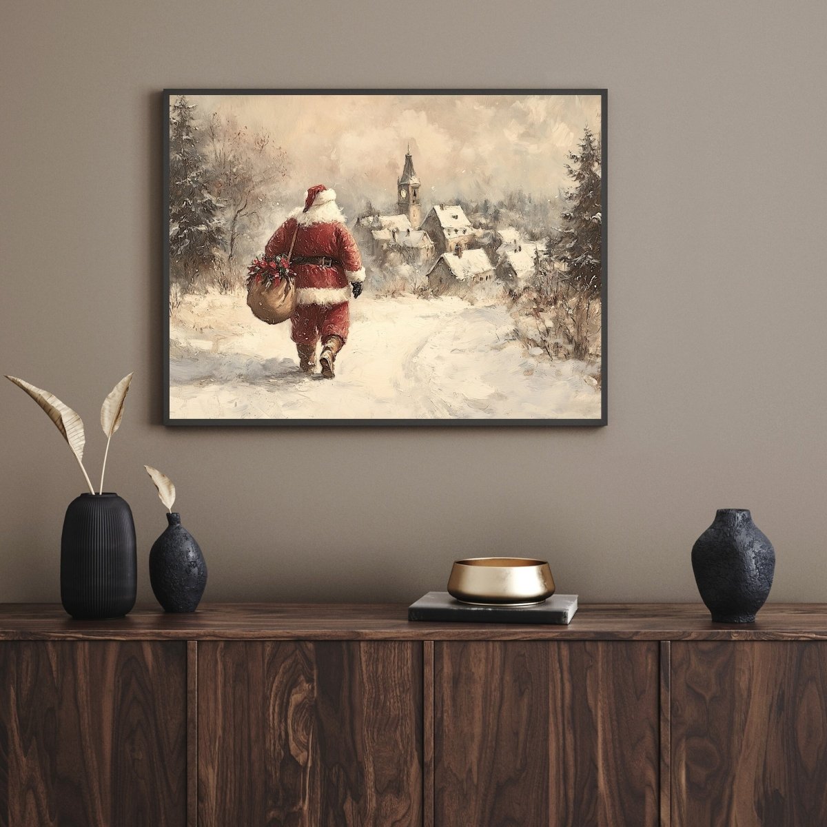 Classic Santa Claus Wall Art Print – Snowy Path to a Picturesque Village, Nostalgic Holiday Scene - Everything Pixel