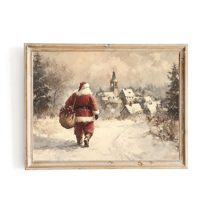 Classic Santa Claus Wall Art Print – Snowy Path to a Picturesque Village, Nostalgic Holiday Scene - Everything Pixel