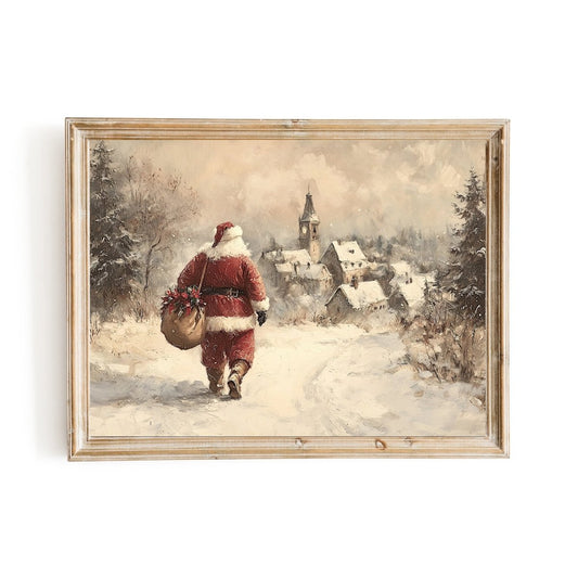 Classic Santa Claus Wall Art Print – Snowy Path to a Picturesque Village, Nostalgic Holiday Scene - Everything Pixel