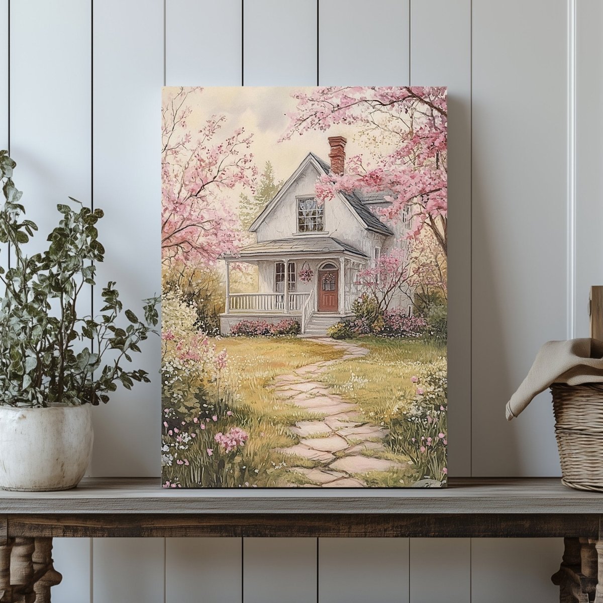 Cottage Garden Canvas Print – White Cottage Surrounded by Blooming Flowers for Rustic Spring Decor - Everything Pixel