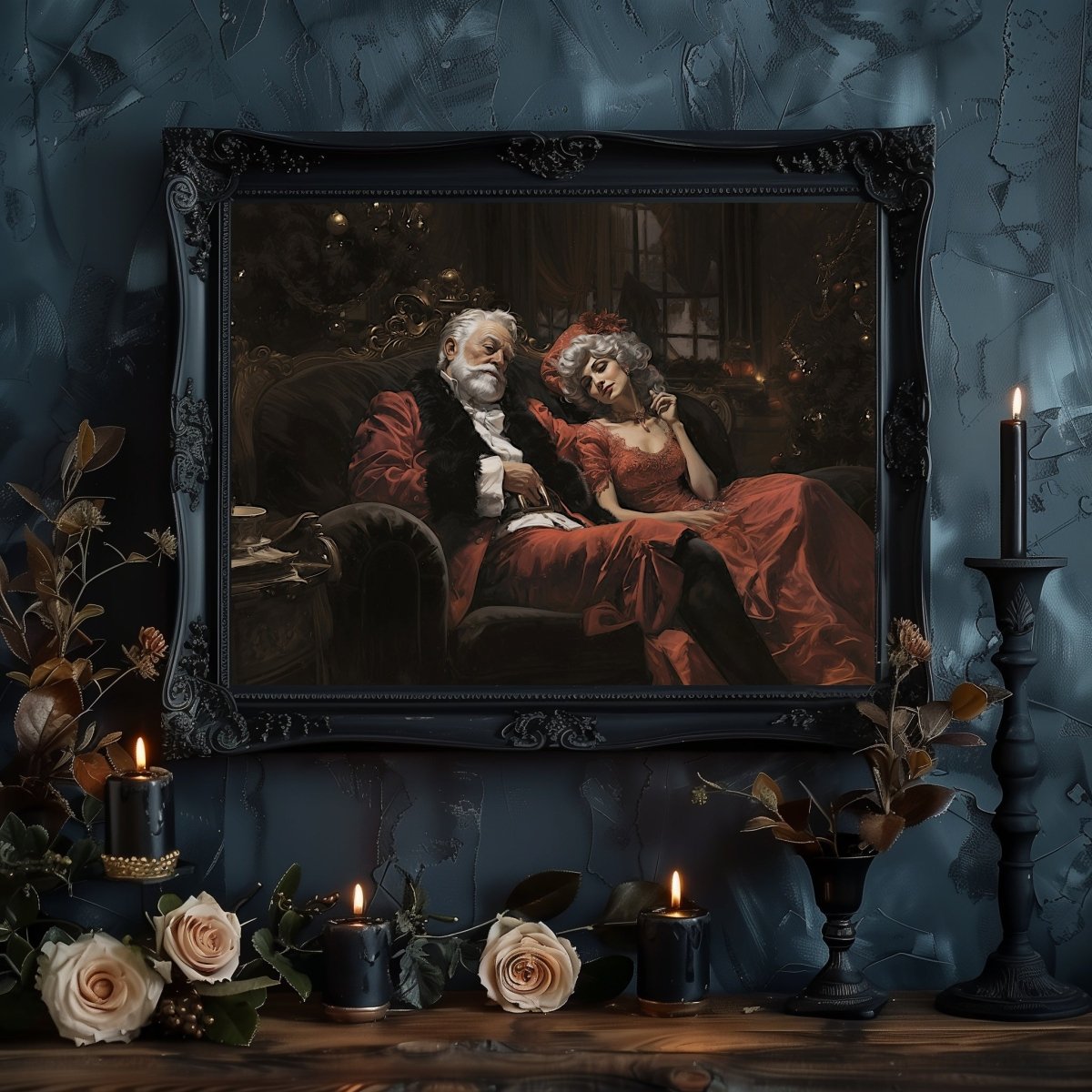 Cozy Christmas Night Wall Art Print - Santa Claus and Mrs. Claus Resting in Candlelit Holiday Decor - Everything Pixel