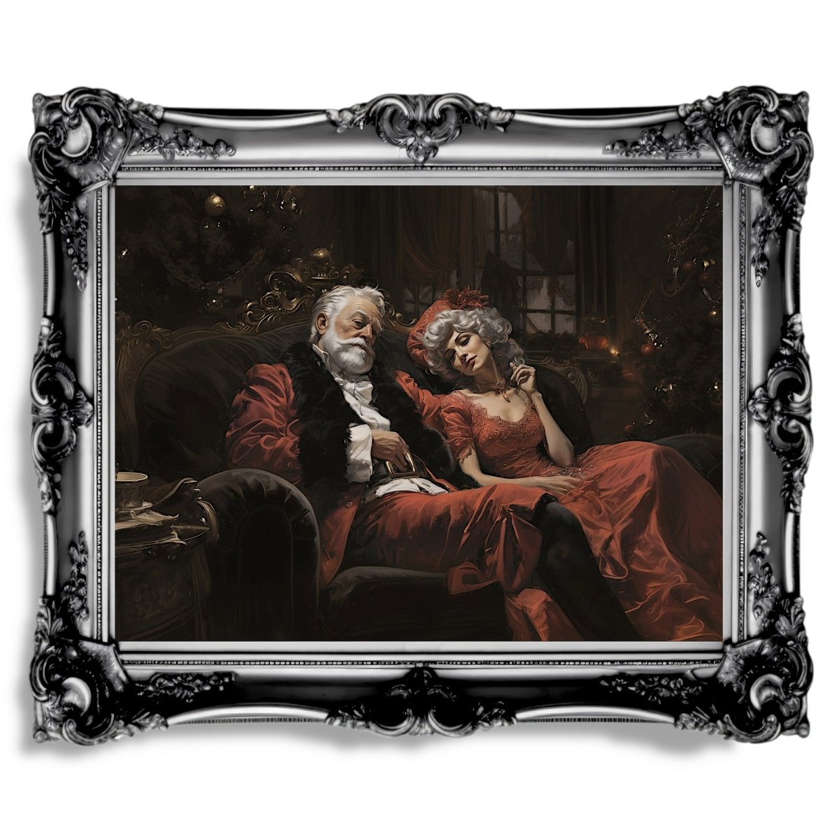 Cozy Christmas Night Wall Art Print - Santa Claus and Mrs. Claus Resting in Candlelit Holiday Decor - Everything Pixel