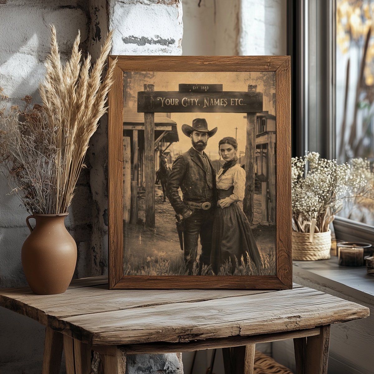 Custom Wild West Couple Wall Art Print – Personalized Vintage Cowboy Portrait - Everything Pixel