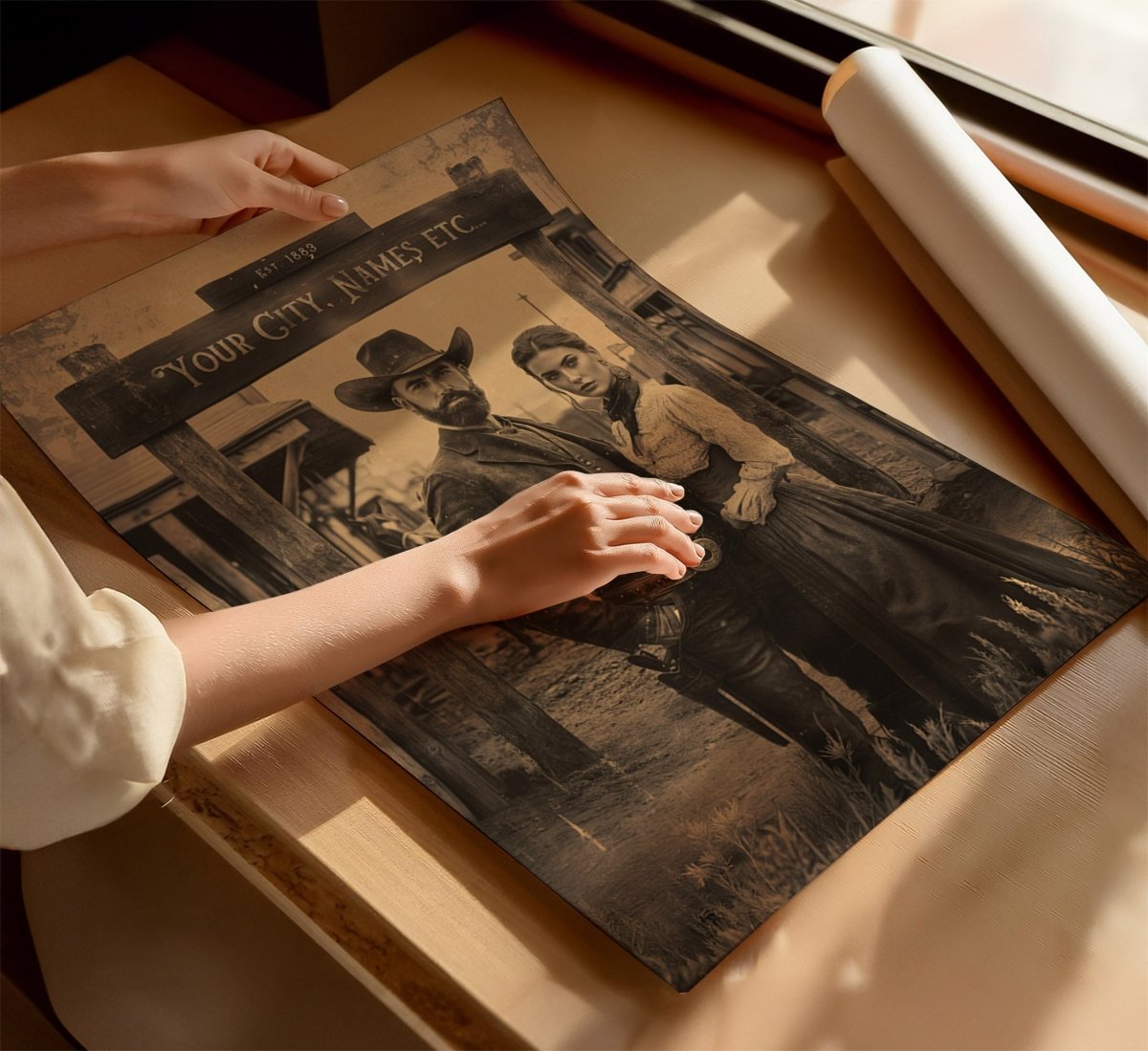 Custom Wild West Couple Wall Art Print – Personalized Vintage Cowboy Portrait - Everything Pixel