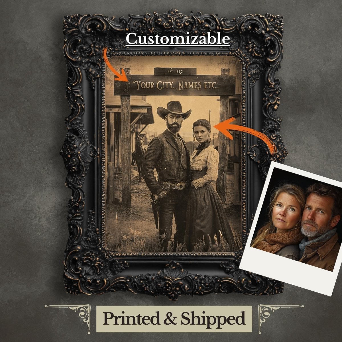 Custom Wild West Couple Wall Art Print – Personalized Vintage Cowboy Portrait - Everything Pixel