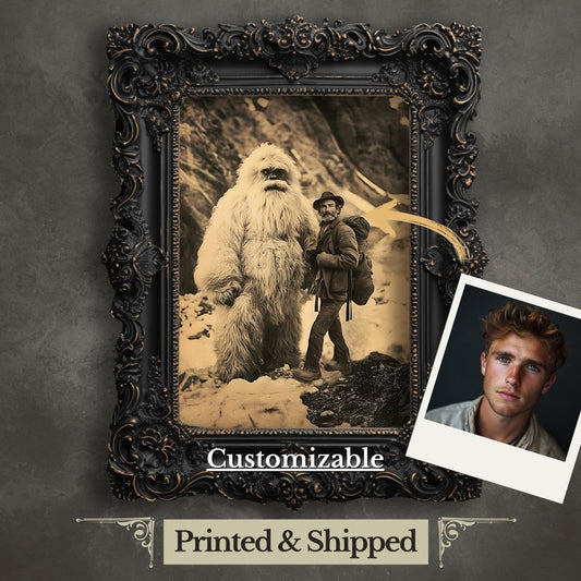 Customizable Vintage Yeti Encounter Wall Art Print – Mythical Cryptid in Snowy Mountain Landscape - Everything Pixel