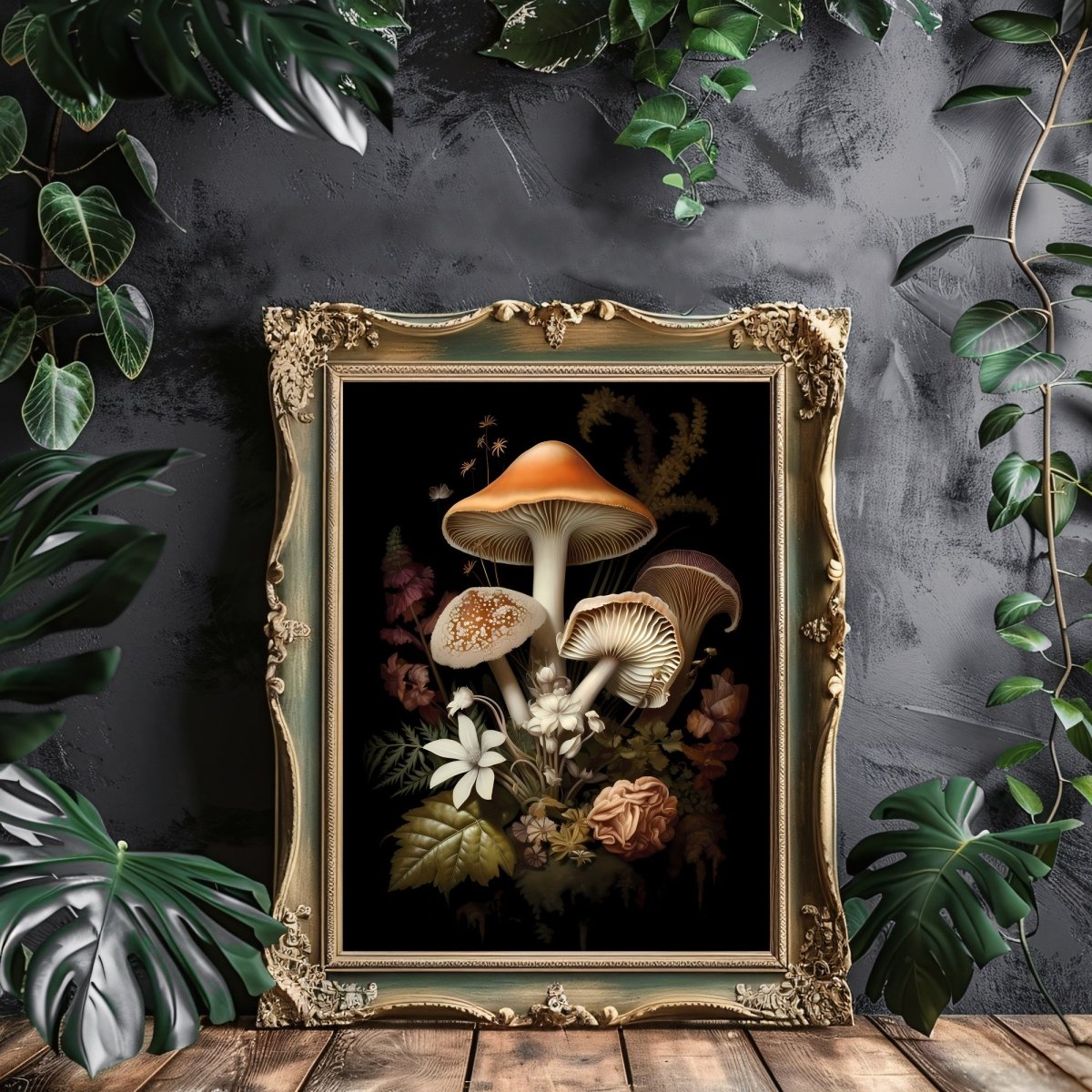 Dark Floral Mushrooms Gothic Wall Art Dark Cottagecore Floral Print Nature Goblincore Vintage Aesthetic Digital Print Moody Botanical Paper Poster Print - Everything Pixel