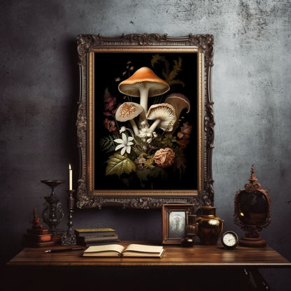 Dark Floral Mushrooms Gothic Wall Art Dark Cottagecore Floral Print Nature Goblincore Vintage Aesthetic Digital Print Moody Botanical Paper Poster Print - Everything Pixel