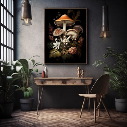 Dark Floral Mushrooms Gothic Wall Art Dark Cottagecore Floral Print Nature Goblincore Vintage Aesthetic Digital Print Moody Botanical Paper Poster Print - Everything Pixel