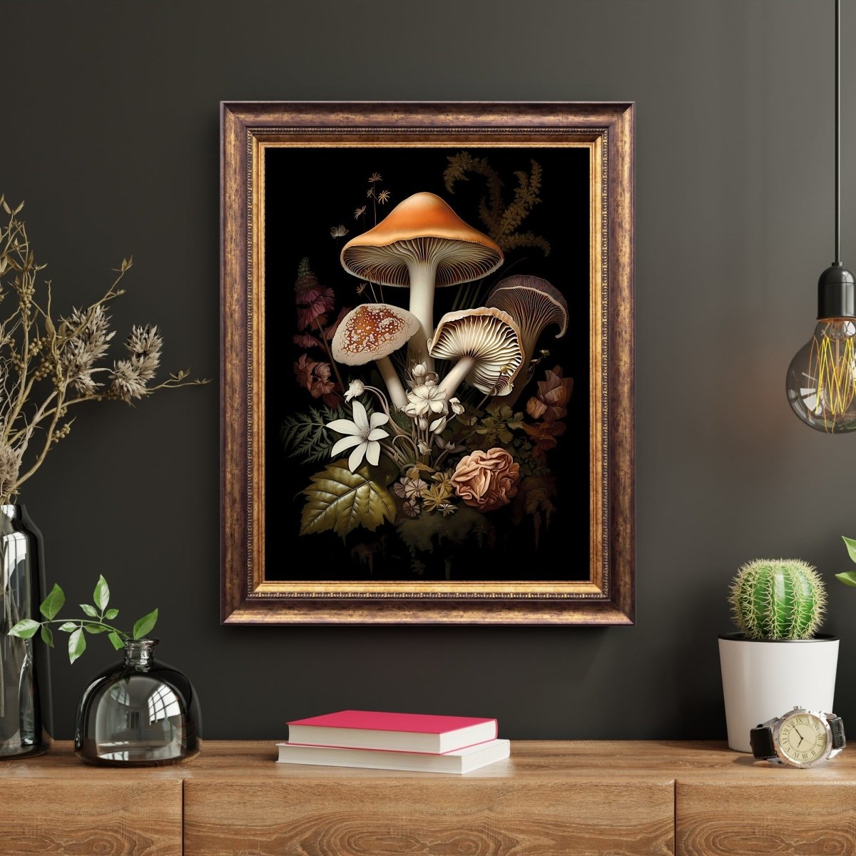 Dark Floral Mushrooms Gothic Wall Art Dark Cottagecore Floral Print Nature Goblincore Vintage Aesthetic Digital Print Moody Botanical Paper Poster Print - Everything Pixel