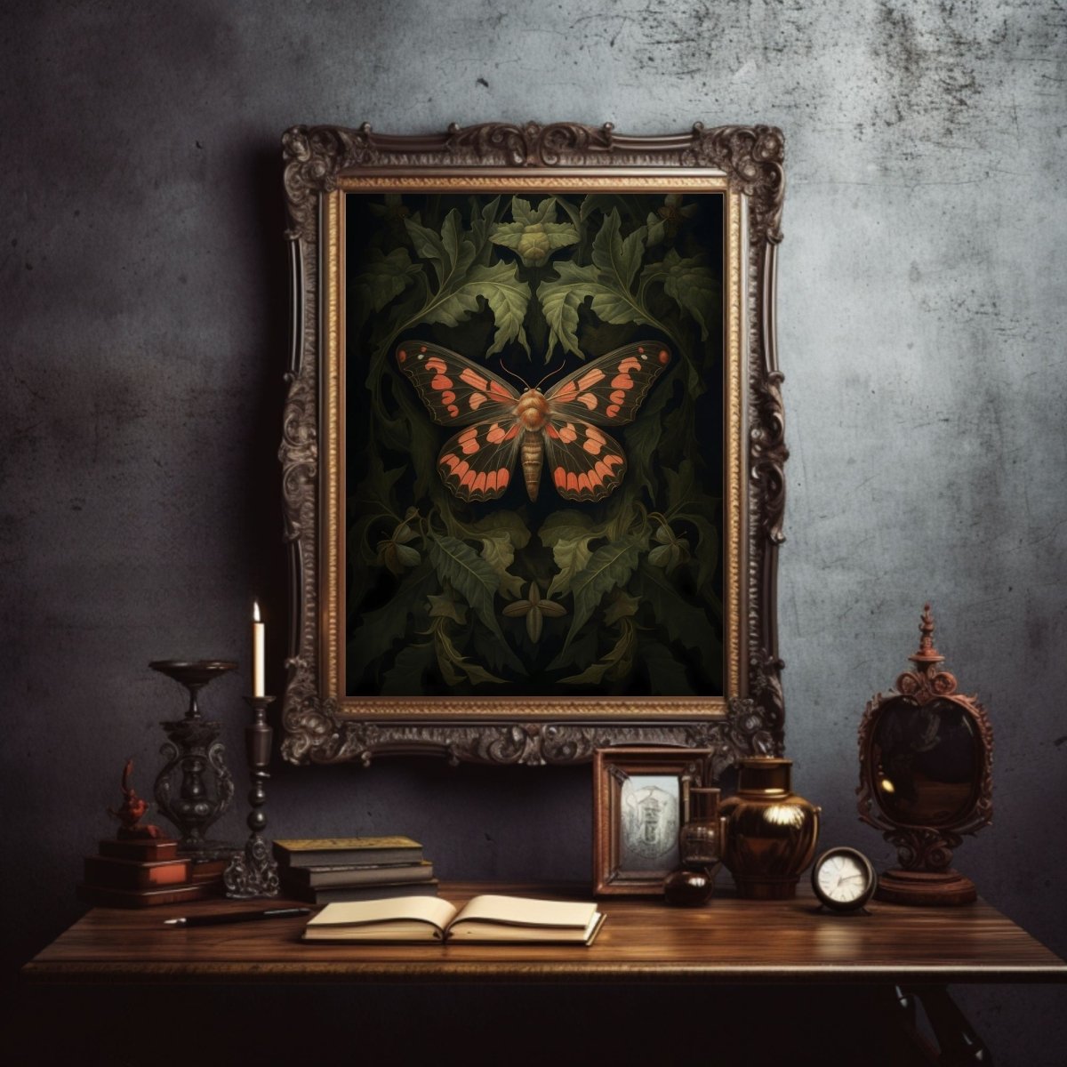 Dark Orange Moth Gothic Wall Art Paper Poster Prints Witchy Gothic Botanical Decor Dark Academia Goblincore Home Decor Moody Painting Antique Library Decor - Everything Pixel