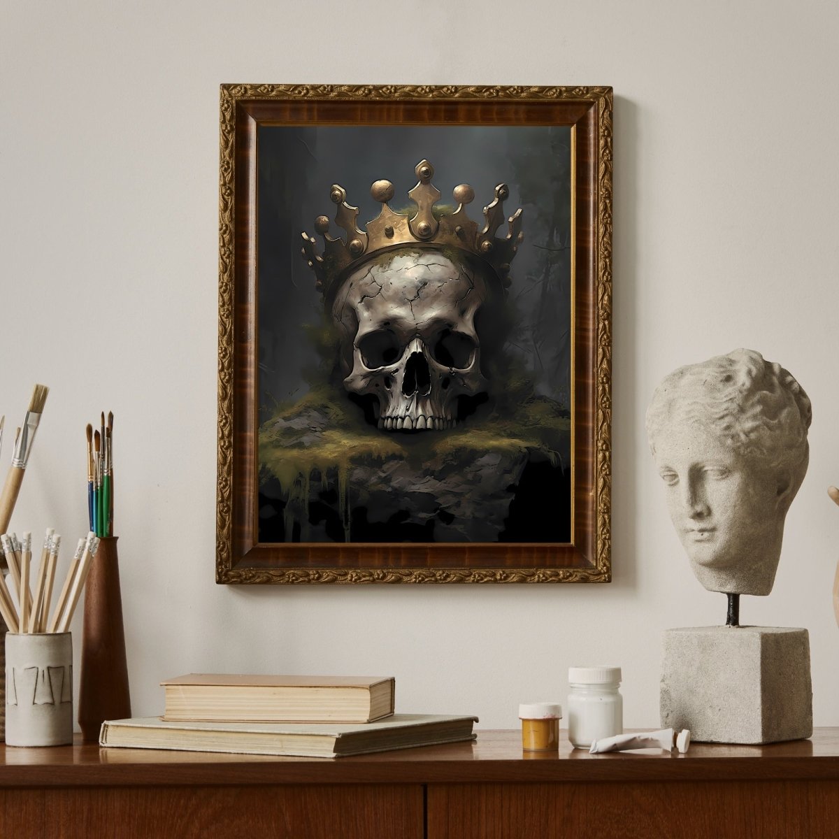 Dead King with Crown Gothic Wall Art Dark Cottagecore Skull Paper Poster Prints Decor Dark Academia Gothic Artwork Antique Oil Painting Macabre Print - Everything Pixel