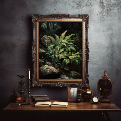 Deep Forest Fern Gothic Wall Art, Dark Cottagecore Print, Vintage Botanical Decor, Green Aesthetic, Goblincore Oil Painting, Dark Moody Paper Poster Prints - Everything Pixel