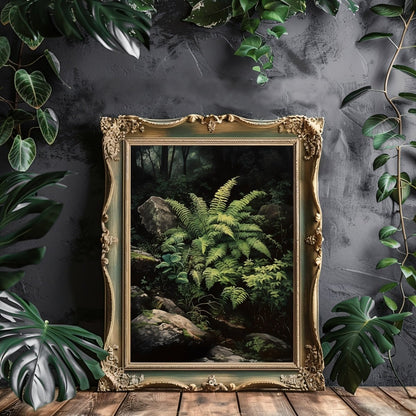 Deep Forest Fern Gothic Wall Art, Dark Cottagecore Print, Vintage Botanical Decor, Green Aesthetic, Goblincore Oil Painting, Dark Moody Paper Poster Prints - Everything Pixel