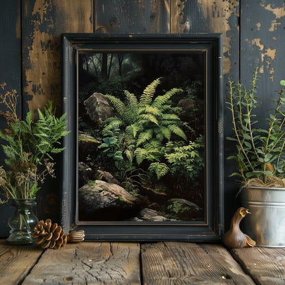 Deep Forest Fern Gothic Wall Art, Dark Cottagecore Print, Vintage Botanical Decor, Green Aesthetic, Goblincore Oil Painting, Dark Moody Paper Poster Prints - Everything Pixel