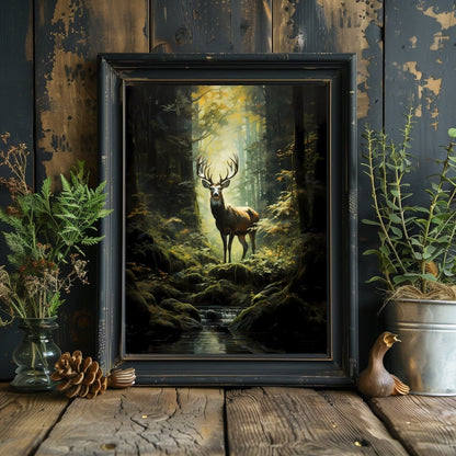 Deer in Moody Forest Gothic Wall Art Dark Cottagecore Vintage Dark Academia Print Woodland Animal Art Wildlife Painting Gothic Paper Poster Print - Everything Pixel