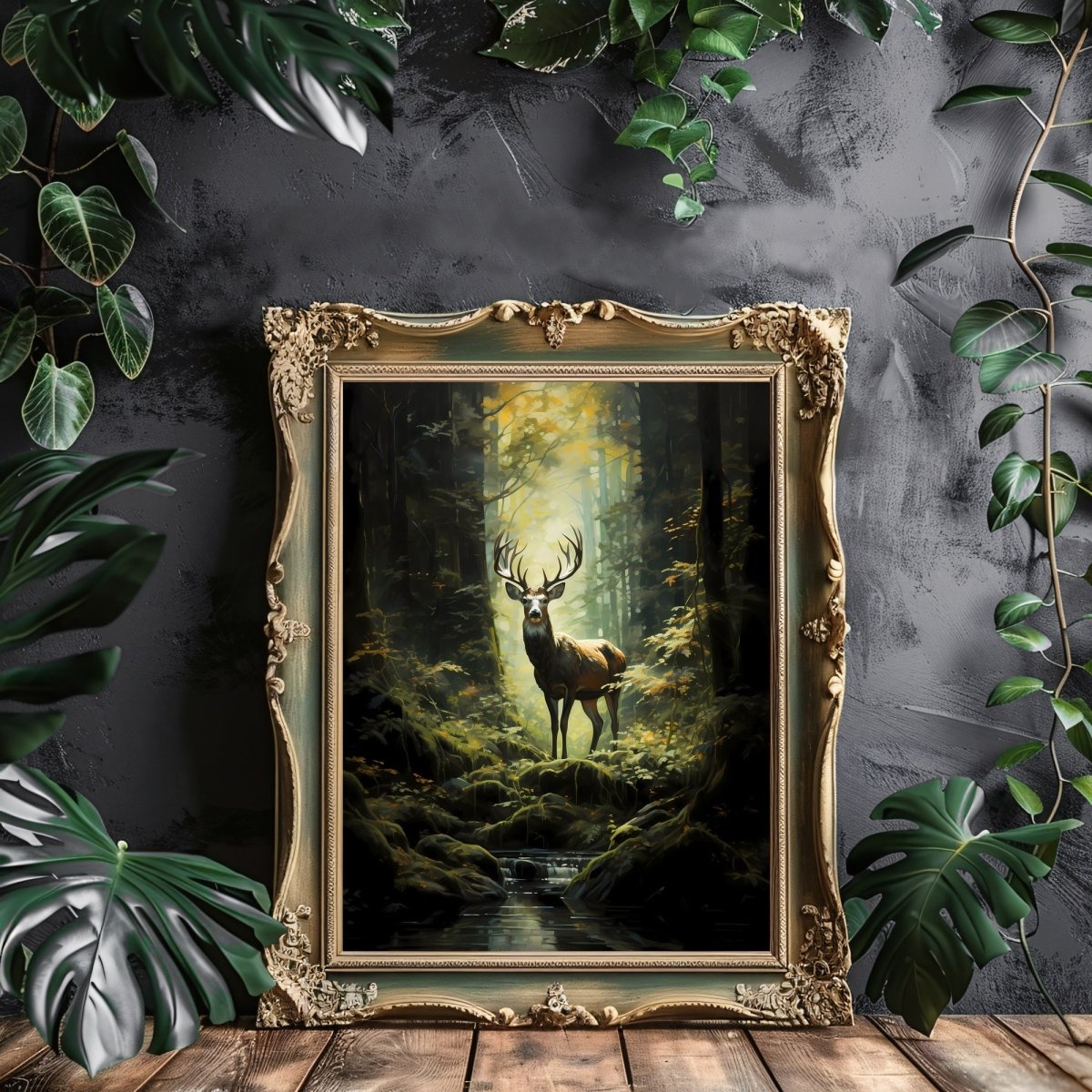 Deer in Moody Forest Gothic Wall Art Dark Cottagecore Vintage Dark Academia Print Woodland Animal Art Wildlife Painting Gothic Paper Poster Print - Everything Pixel