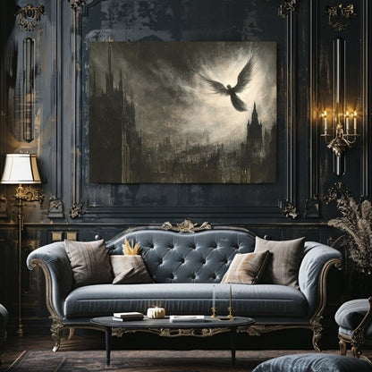 Divine Angel Over Gothic Cityscape Canvas Print - Mystical Dark Academia Gothic Wall Art - Everything Pixel