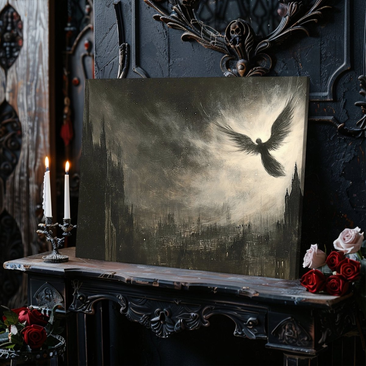 Divine Angel Over Gothic Cityscape Canvas Print - Mystical Dark Academia Gothic Wall Art - Everything Pixel