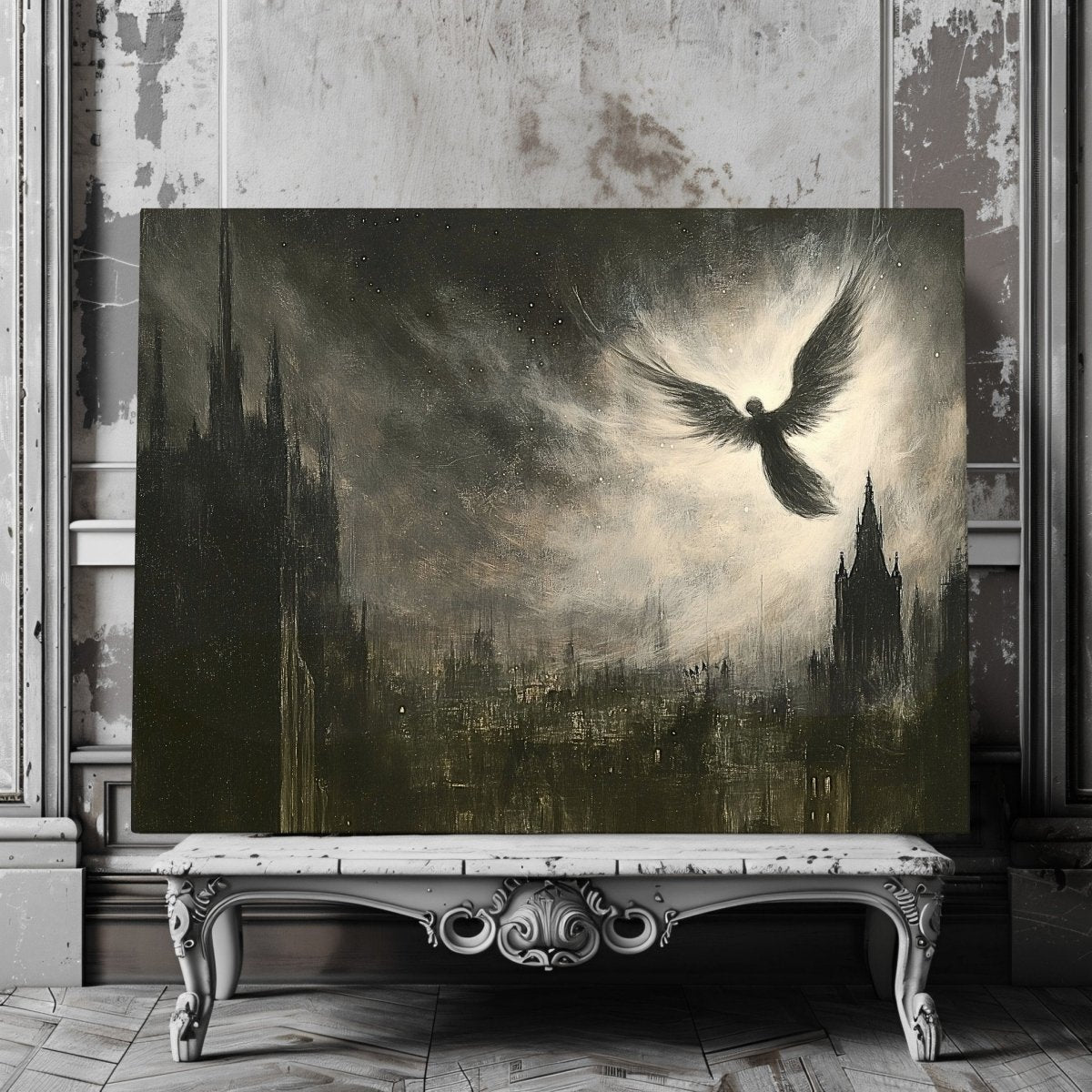 Divine Angel Over Gothic Cityscape Canvas Print - Mystical Dark Academia Gothic Wall Art - Everything Pixel