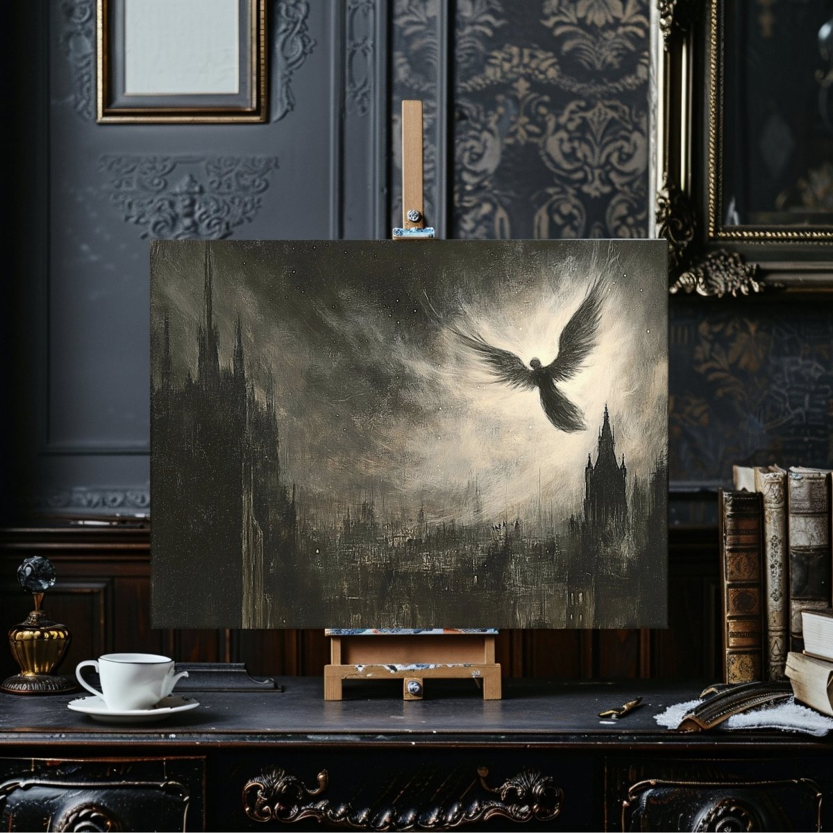 Divine Angel Over Gothic Cityscape Canvas Print - Mystical Dark Academia Gothic Wall Art - Everything Pixel