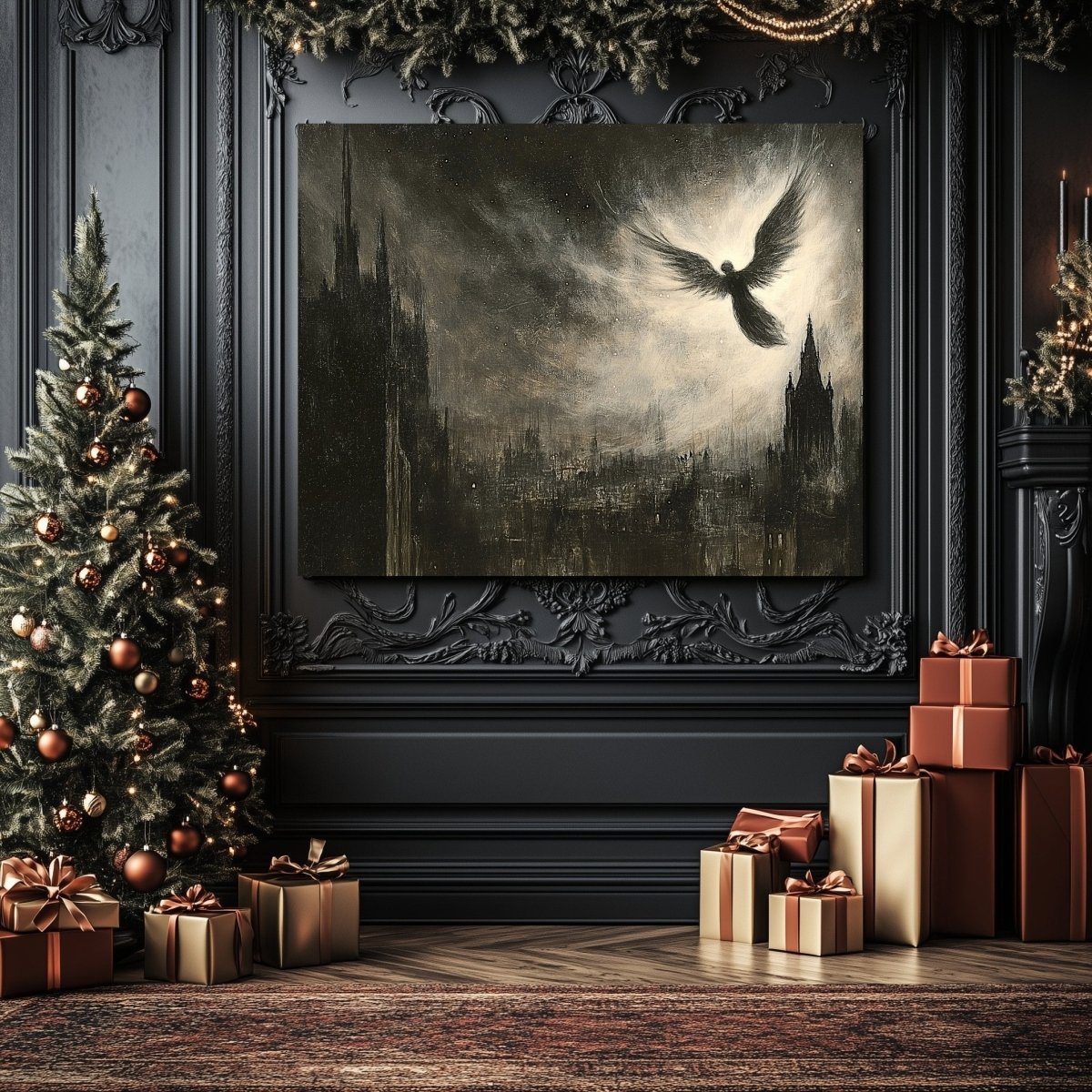 Divine Angel Over Gothic Cityscape Canvas Print - Mystical Dark Academia Gothic Wall Art - Everything Pixel