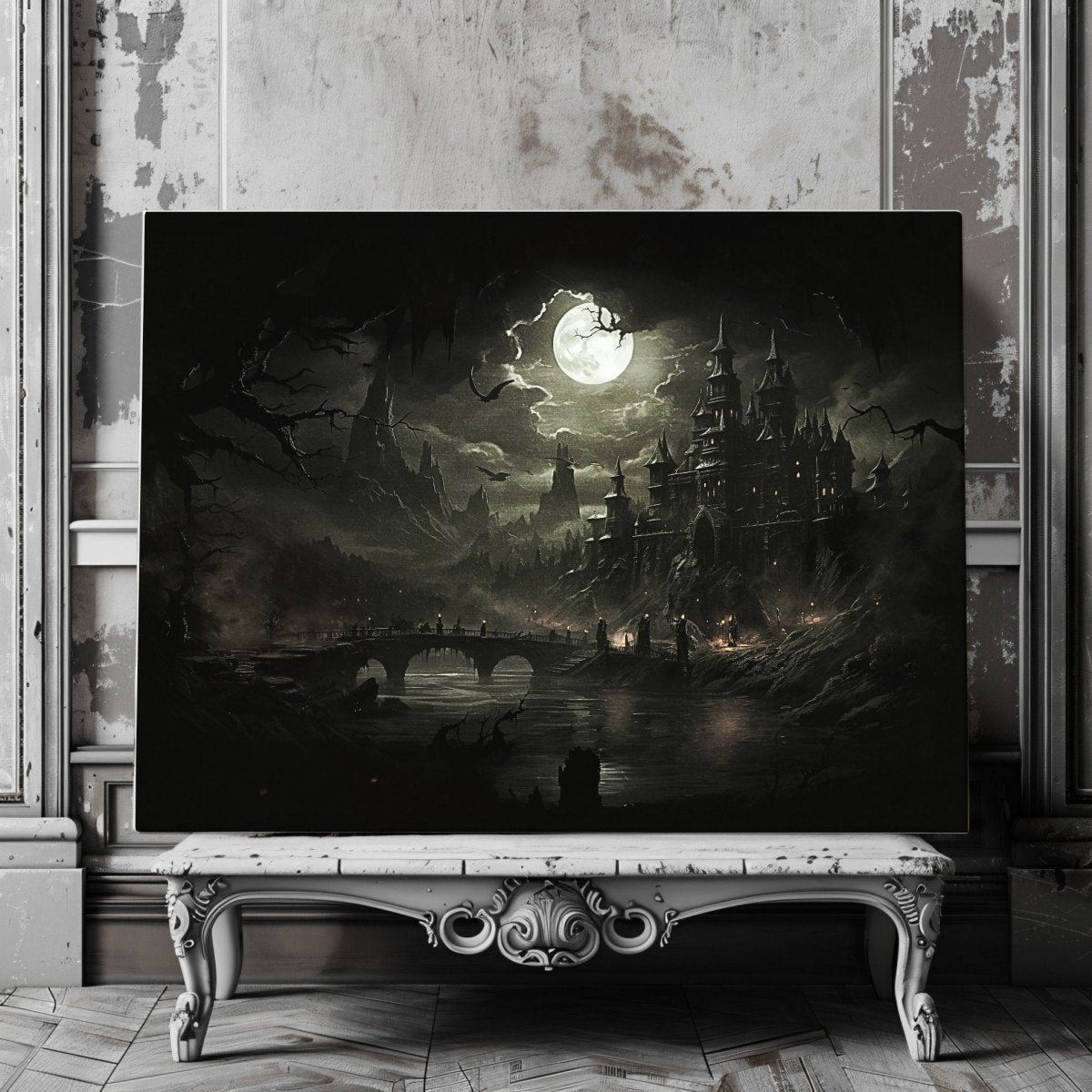 Dracula's Castle in Transylvania at Full Moon - Dark Gothic Castle Print for Spooky Decor - Canvas Wall Art Print - Everything Pixel