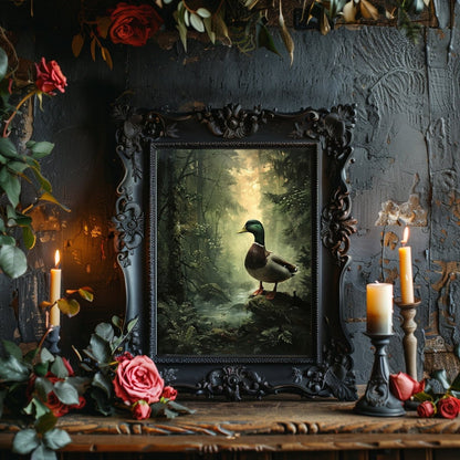 Duck by a Stream in Moody Woodland Dark Print - Wildlife Wall Decor - Gothic Wall Art Print - Everything Pixel