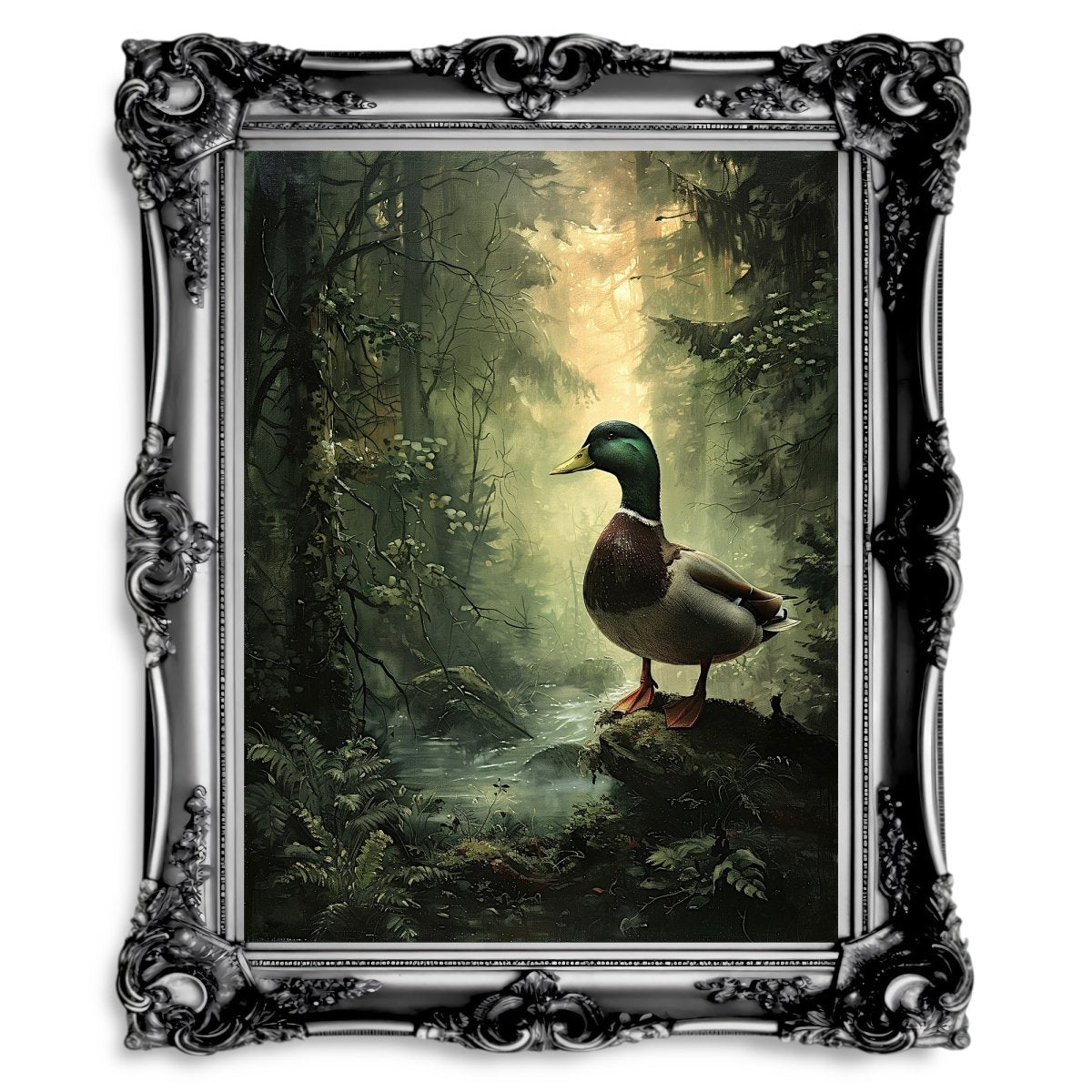 Duck by a Stream in Moody Woodland Dark Print - Wildlife Wall Decor - Gothic Wall Art Print - Everything Pixel