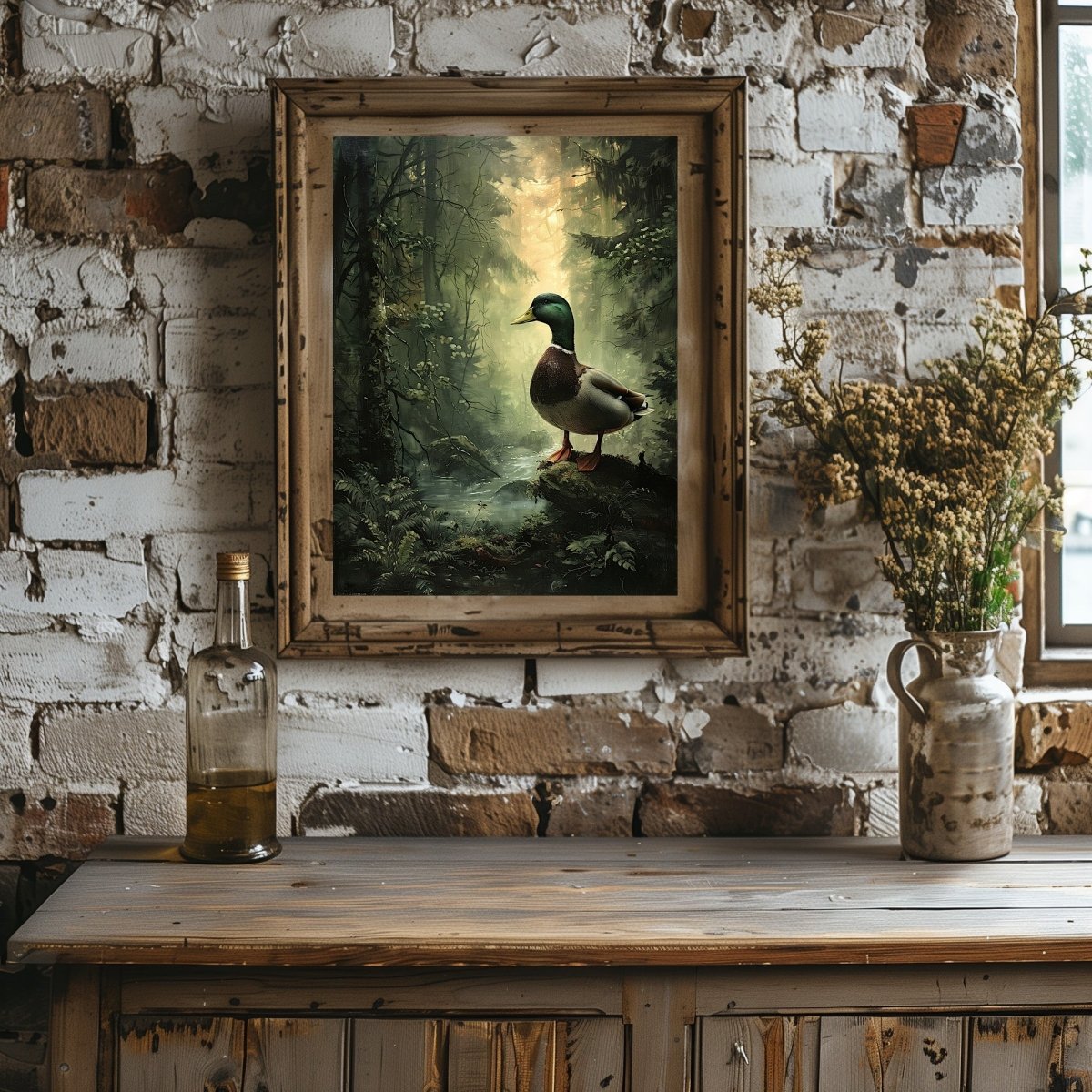 Duck by a Stream in Moody Woodland Dark Print - Wildlife Wall Decor - Gothic Wall Art Print - Everything Pixel