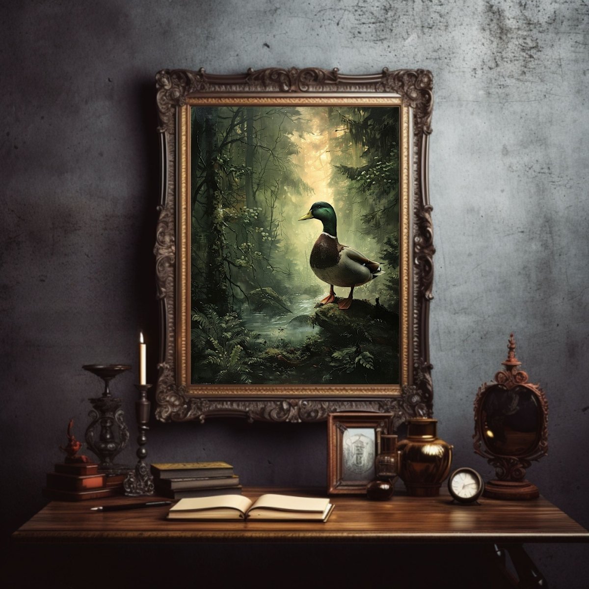 Duck by a Stream in Moody Woodland Dark Print - Wildlife Wall Decor - Gothic Wall Art Print - Everything Pixel