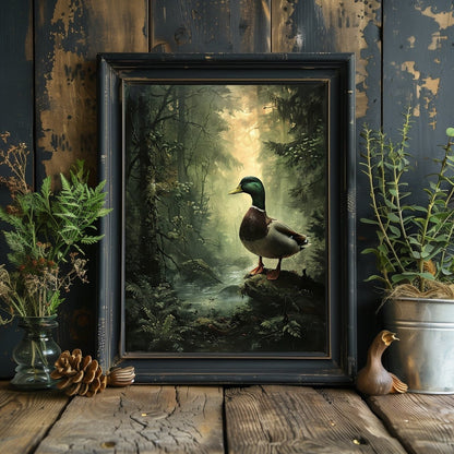 Duck by a Stream in Moody Woodland Dark Print - Wildlife Wall Decor - Gothic Wall Art Print - Everything Pixel