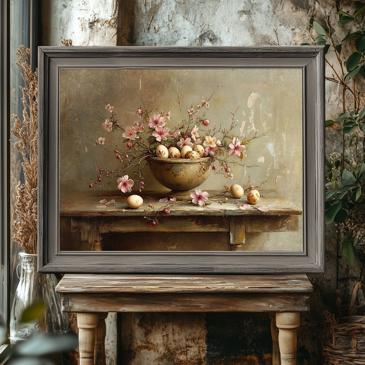 Easter Still Life: Vintage Bowl & Spring Flowers Wall Art - Everything Pixel