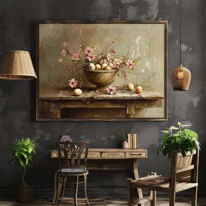 Easter Still Life: Vintage Bowl & Spring Flowers Wall Art - Everything Pixel