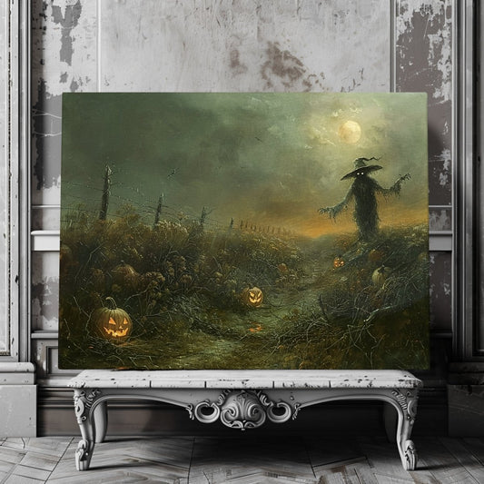 Eerie Pumpkin Field with Scarecrow - Halloween Horror Canvas Print - Everything Pixel