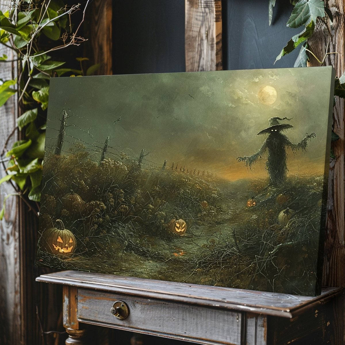 Eerie Pumpkin Field with Scarecrow - Halloween Horror Canvas Print - Everything Pixel