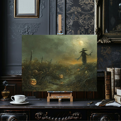 Eerie Pumpkin Field with Scarecrow - Halloween Horror Canvas Print - Everything Pixel