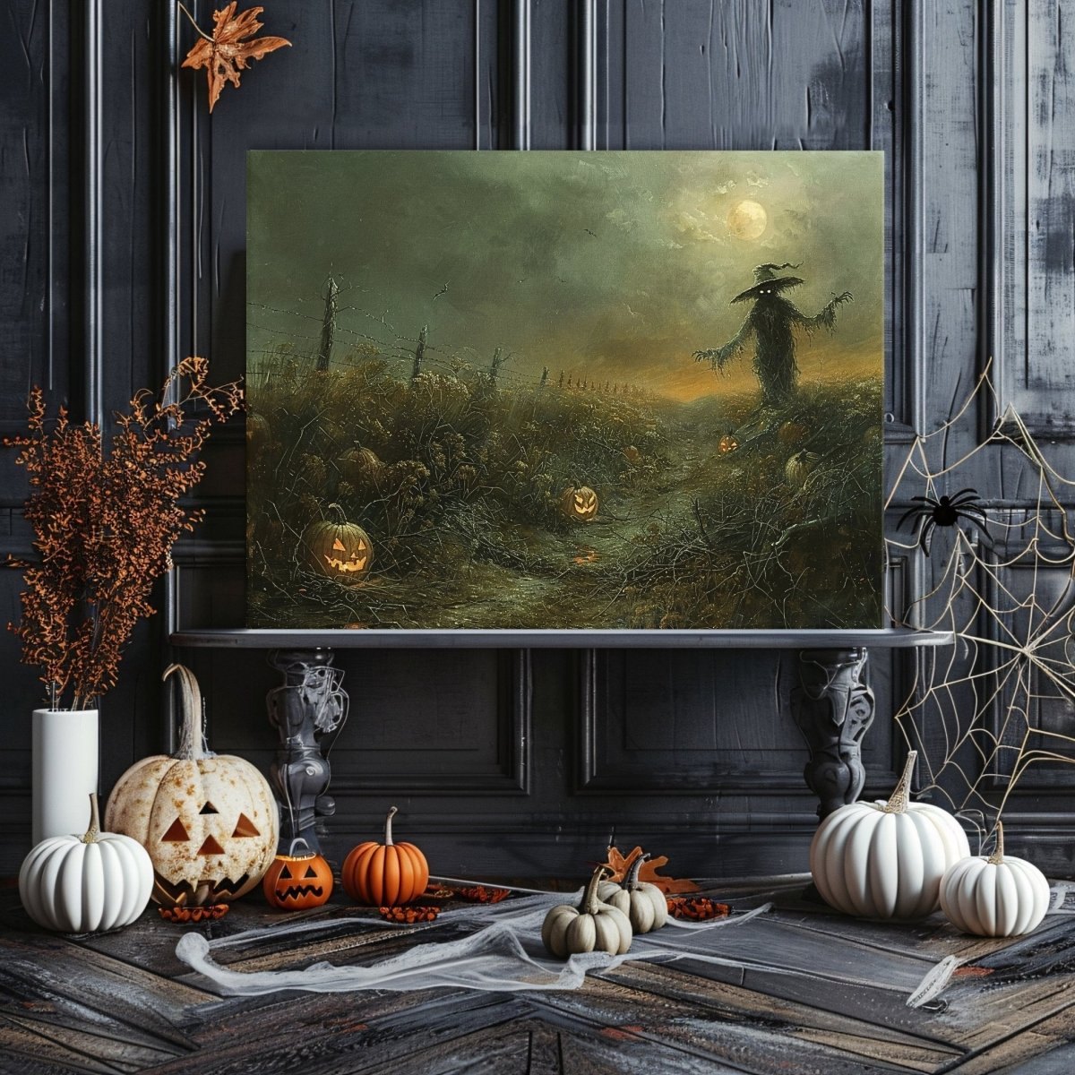 Eerie Pumpkin Field with Scarecrow - Halloween Horror Canvas Print - Everything Pixel