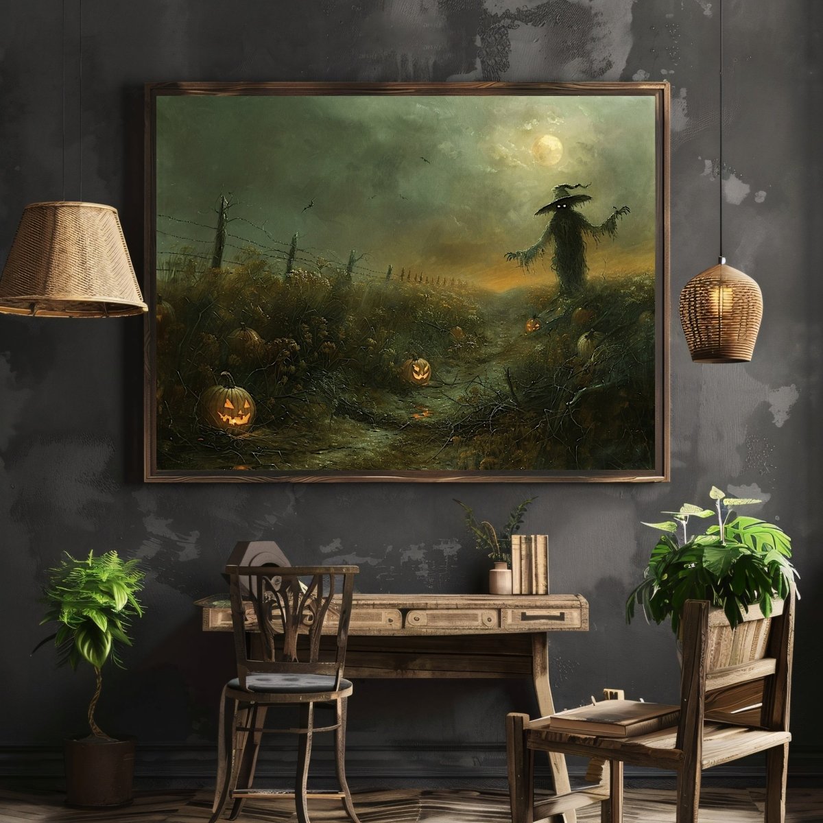 Eerie Pumpkin Field with Scarecrow - Halloween Horror Wall Art Print - Everything Pixel